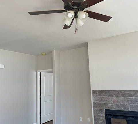 Living Room Fireplace and Ceiling Fan