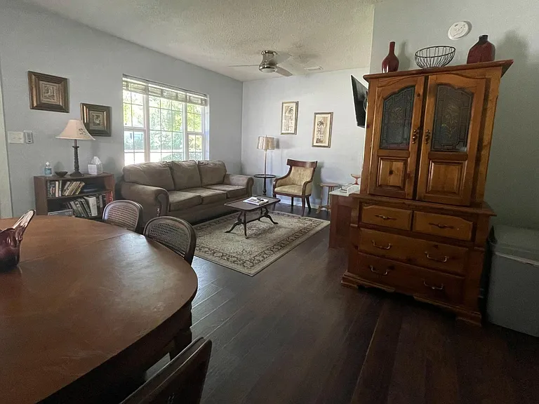 living area blends with dining. Large cabinet provides extra space for kitchen and hides the microwave as well.