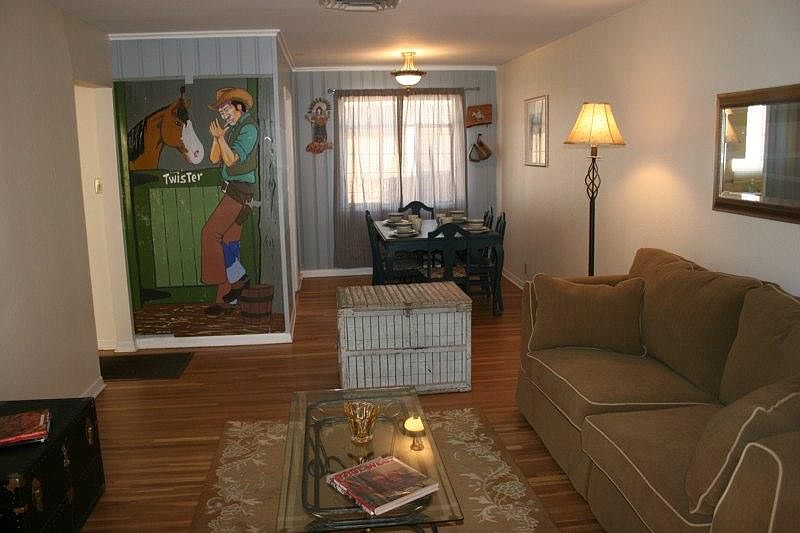 Living room with dining room, hardwood floors