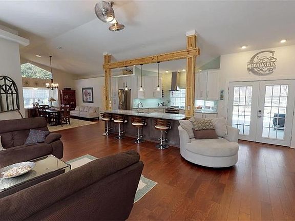 living room, kitchen, dining room