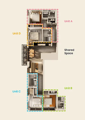 Floor plan Mavericks 4 - Single Bedroom, Shared Apt