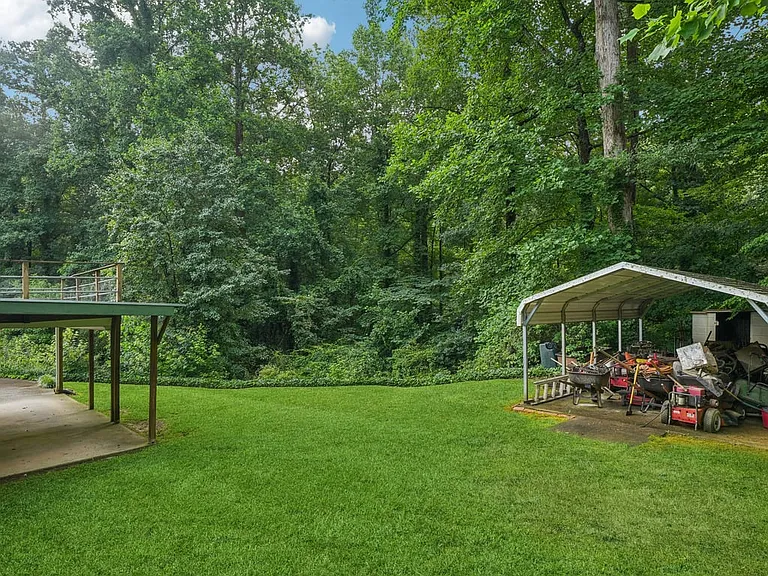 A lush backyard sanctuary framed by towering trees, soft green lawn, and peaceful woodland views, creating a magical outdoor setting full of privacy and natural charm