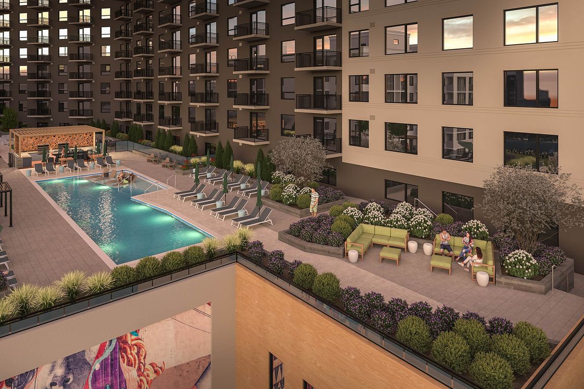 Amenity deck with resort-style pool, private cabanas, fire pits and grill stations