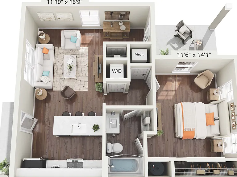 Bright and airy one-bedroom apartment floor plan with a spacious living area, modern kitchen island, cozy bedroom, and private balcony. Bright and airy one-bedroom apartment floor plan with a spacious living area, modern kitchen island, cozy bedroom, and 
