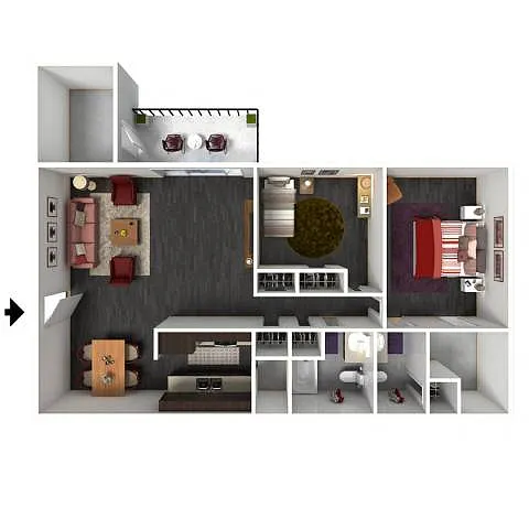 Floor plan 2 Bed, 2 Bath - 1049 SF
