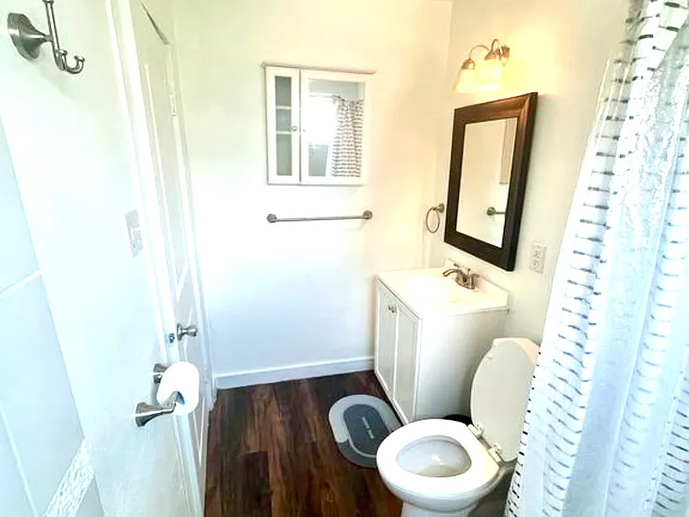 Large shower with bathtub. Comes as is if you want the mats and curtain