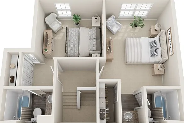 Townhome, Second Floor, Two Bedrooms, Two Bathrooms, 1075 sqft Townhome, Second Floor, Two Bedrooms, Two Bathrooms, 1075 sqft