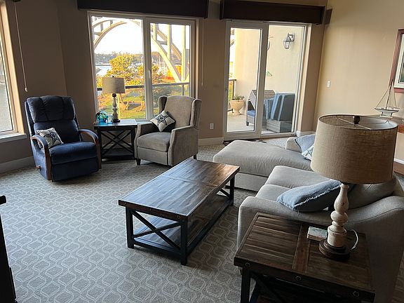 Family room and patio with ocean/bay view