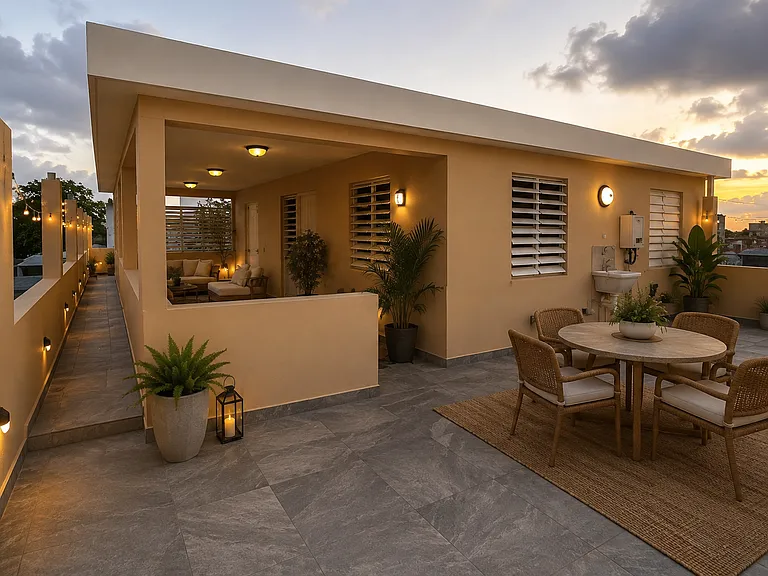 A digitally staged view of the back patio space.