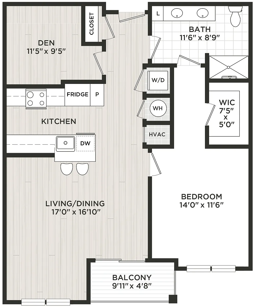 Floor plan 1 Bed/1 Bath Den-C1
