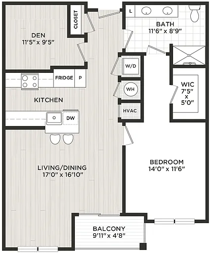 Floor plan 1 Bed/1 Bath Den-C1