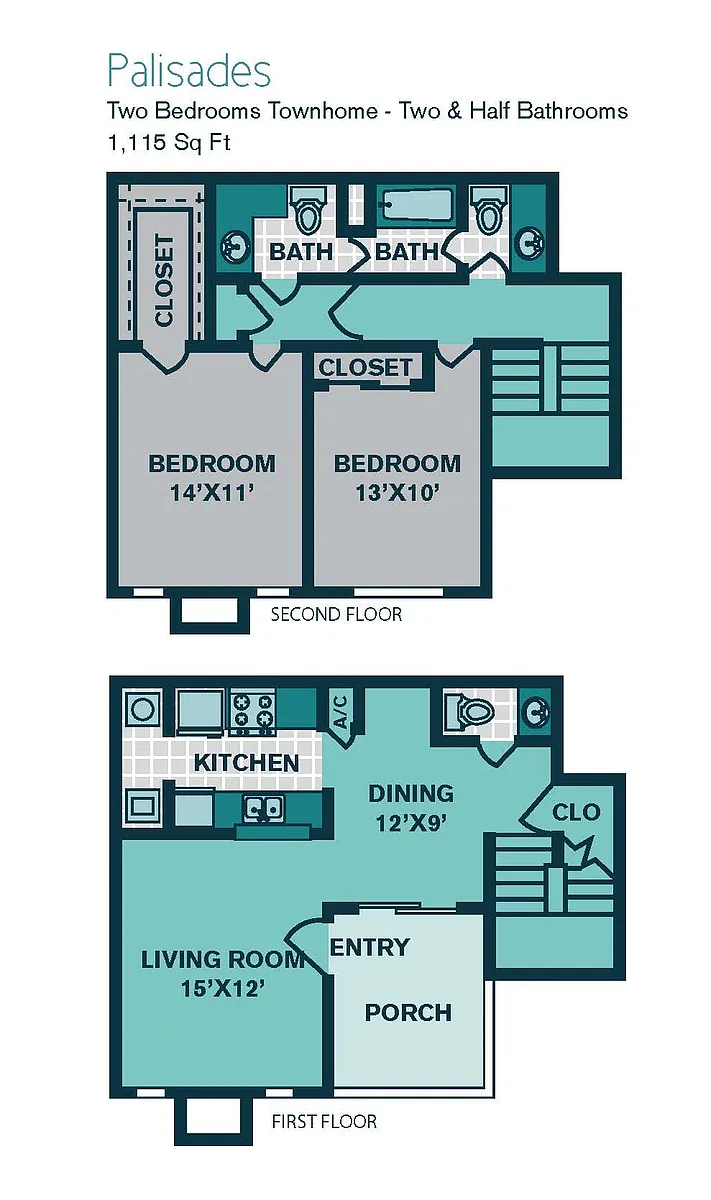 Floor plan 2 Bed 2.5 Bath T2 - 1115sqft - PALISADES