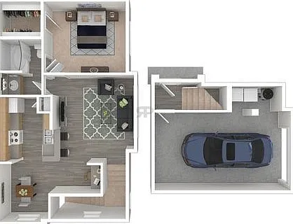 Explore the efficient layout of this contemporary one-bedroom apartment with an attached garage. Explore the efficient layout of this contemporary one-bedroom apartment with an attached garage.