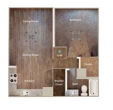 Floor plan 1 Bedroom, 1 Bath Large