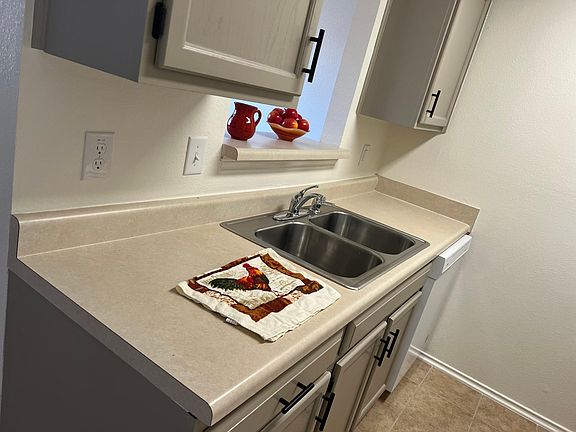 View one of the kitchen with double sinks and all lined cabinets. Newly painted with new handles and new dishwasher