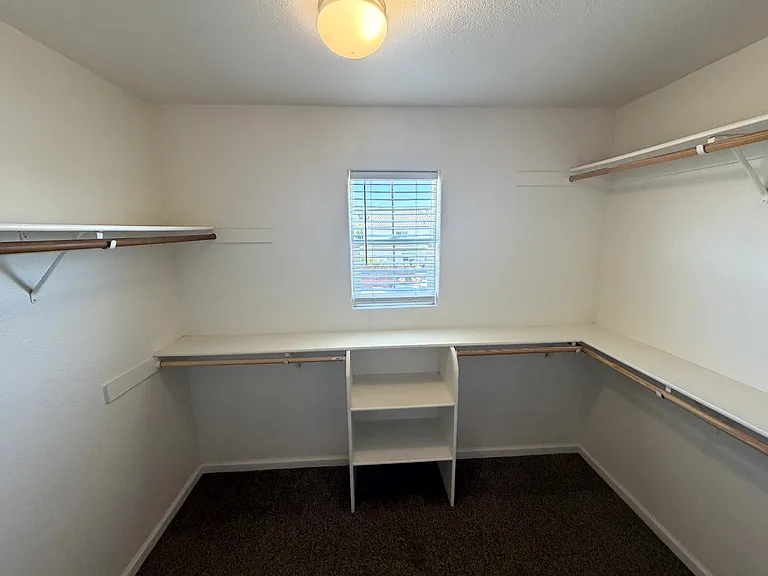 Large walk-in closet with built-in shelving and hanging space.