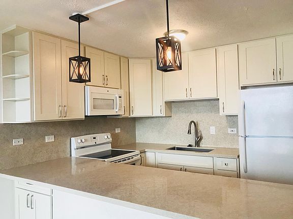 New kitchen. Quartz countertops with overhang for bar-stool style eating at counter.