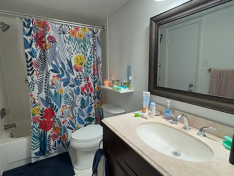 Other angle of bathroom to see the vanity. To the right of the sink is a medicine cabinet and a bathroom closet. The lamp by the shower (to the left of the photo) is a heat lamp!