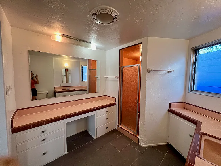 Vanity sink, shower, cabinet storage