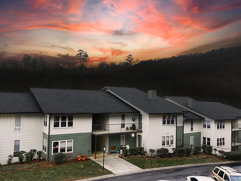 Aerial view of the community over sunset