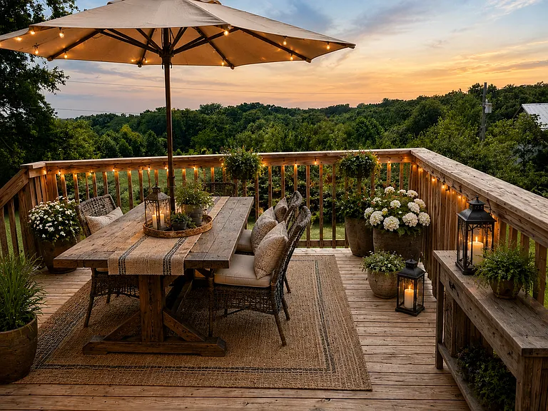 As the sun slips below the horizon, this deck becomes the perfect place to unwind. Whether you're enjoying dinner under the umbrella or simply taking in the peaceful countryside, every evening ends with a view worth savoring.