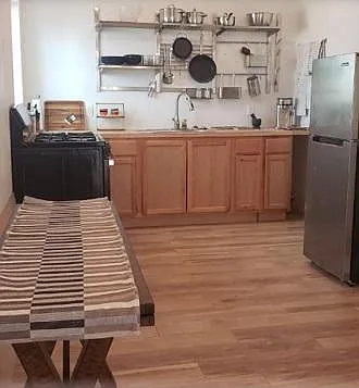 The kitchen and dining area
