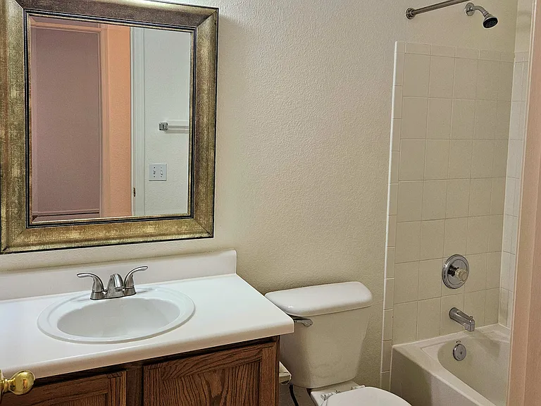 Guest bathroom with shower over tub