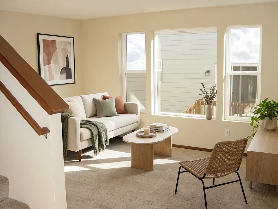 Three windows and a staircase to the upper floor give the main living space real light and height.