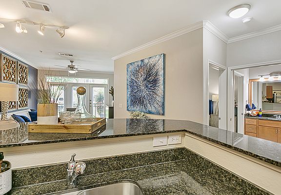 Luxurious kitchen, stainless steel appliances, stunning large islands and faux wood flooring.
