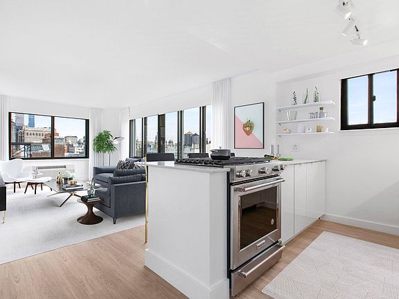 Stainless steel appliances and white cabinets