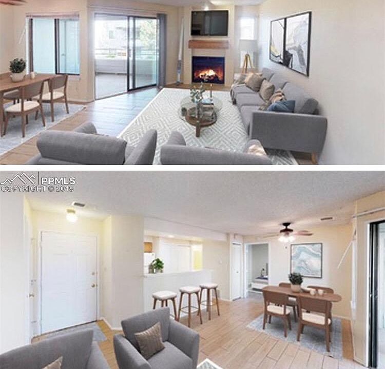 Open floor plan has room for dining table and the kitchen has space for bar stools as well.