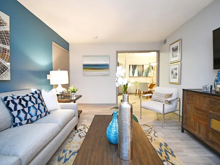 Spacious living room with hardwood-style flooring