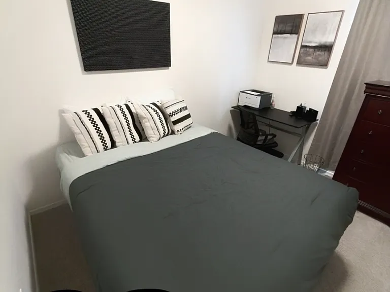 2nd bedroom, a queen size bed, desk, tall dresser.