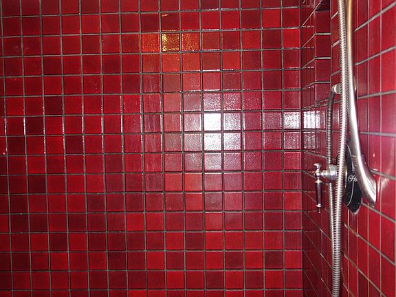 with a red tiled shower