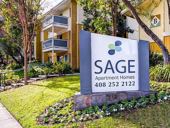 Exterior view of Sage at Cupertino sign with landscaping.