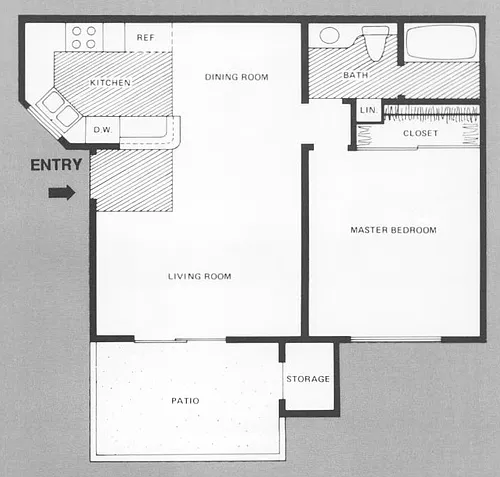 Floor plan 1 Bedroom, 1 Bath w/ Patio