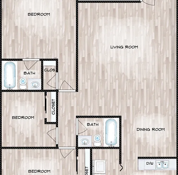 Three Bedroom Two Bath Floorplan Diagram