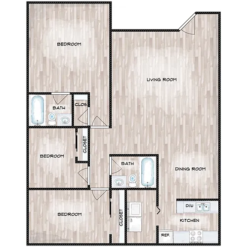 Floor plan Three Bedroom Two Bath