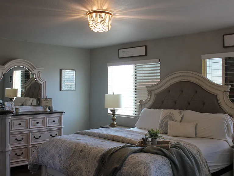 Spacious primary bedroom with laminate flooring and walk-in closet