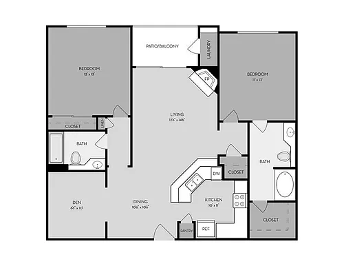 Floor plan 2 Bed, 2 Bath with Den C (Emerald Plan - Renovated