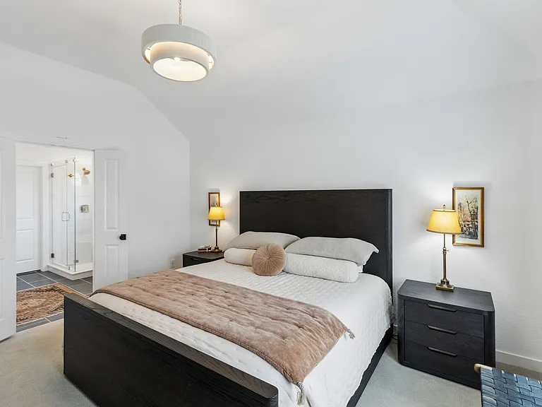 Primary bedroom, king sized bed with Stearns and Foster mattress, Restoration Hardware bedroom suite, blackout drapes.