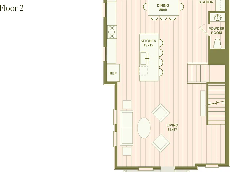 Elegant Floor Plan D featuring a spacious living area, open-concept kitchen, dining space, and a cozy porch on the second floor. Elegant Floor Plan D featuring a spacious living area, open-concept kitchen, dining space, and a cozy porch on the second floo