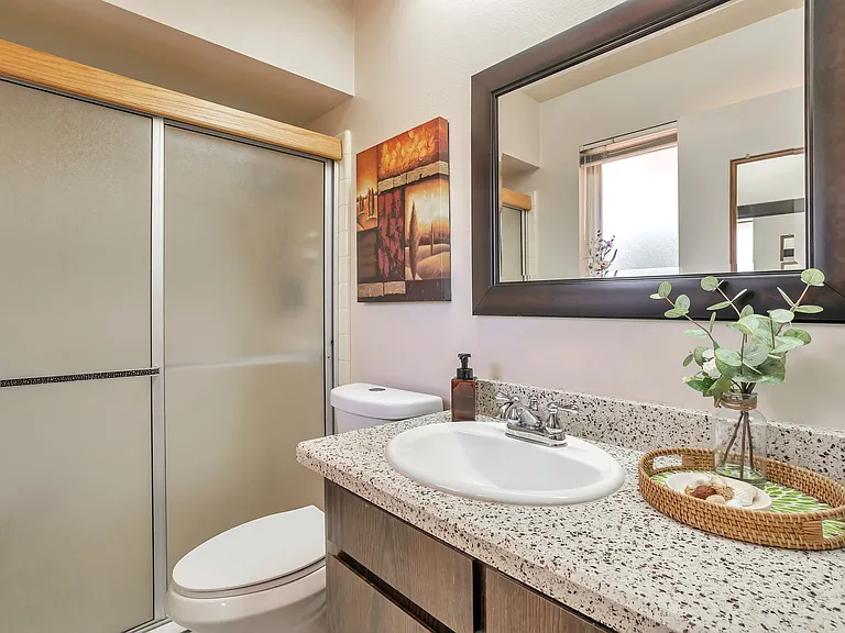 Primary bathroom with granite counters, large shower with a small bench.