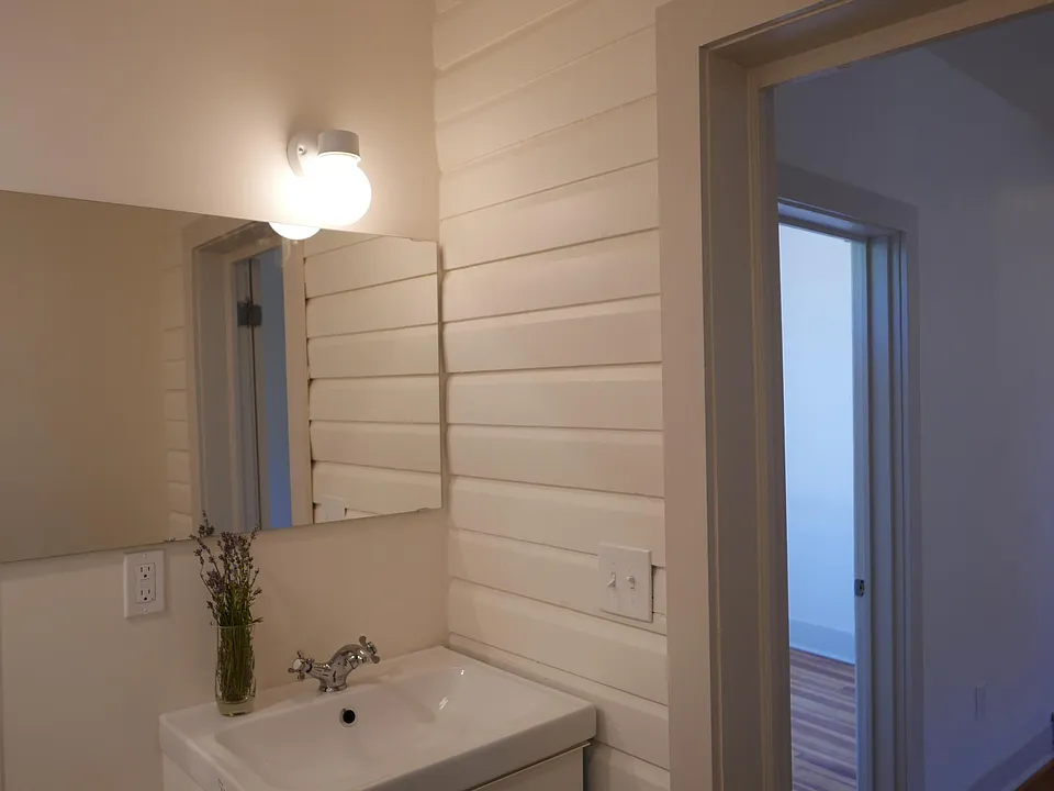 Bathroom. Wall - original building siding. Under-the sink vanity cabinet for storage.