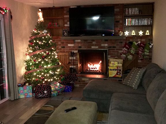 Downstairs family room with wood burning fireplace and built