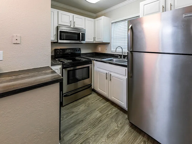 Discover culinary delight in a kitchen with stainless-steel appliances, black fusion countertops, and a convenient USB outlet, combining functionality with timeless charm.