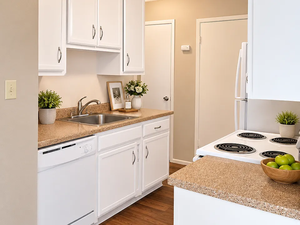 Bright kitchen with abundant cabinetry, generous counter space, and a functional layout.