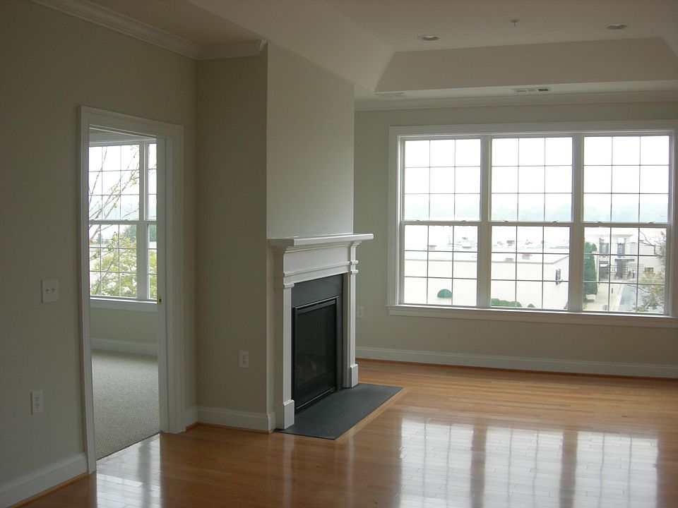 Living room with large windows, tray ceiling and gas fireplace.