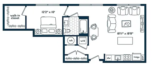 Floor plan One Bedroom One Bath (773 SF)
