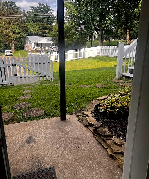 View from French doors out of basement, into front yard